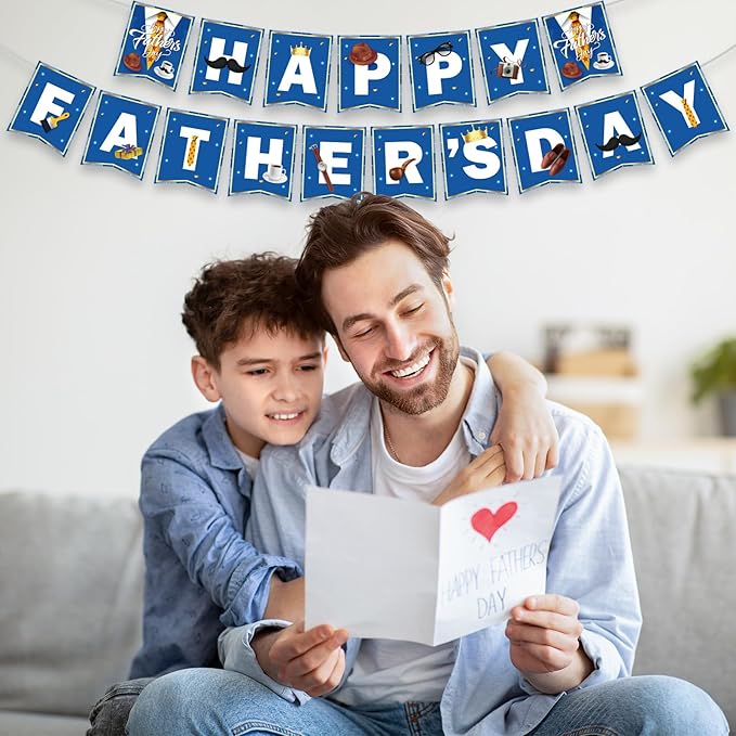 Happy Fathers Day Banner, Father's Day Banners, Blue Happy Daddy Day Sign Bunting Banner Garland for Fathers Day Home, Office, Fireplace, Wall Decor and Party Decorations Supplies Favors Props