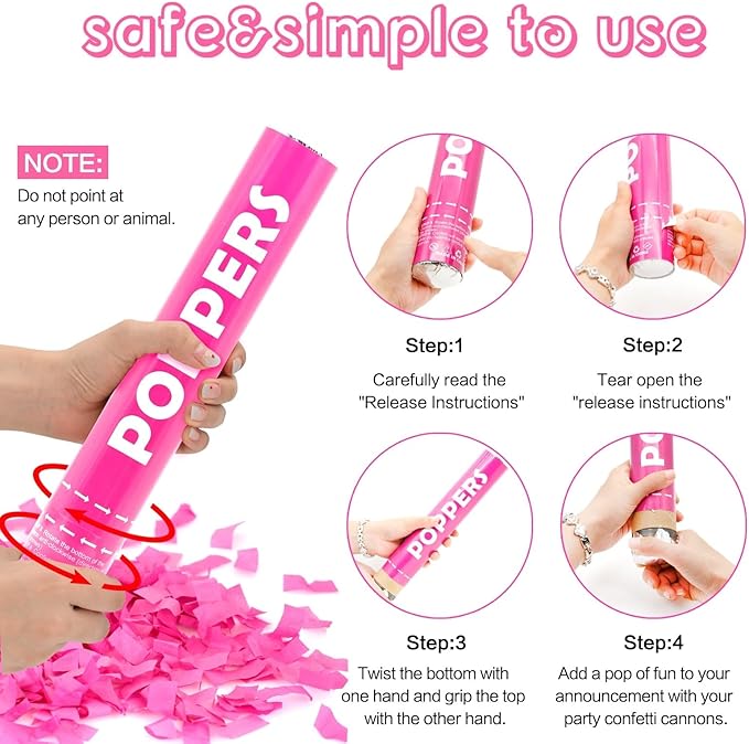 Confetti Cannon Pink 12 Pack Biodegradable Handheld Confetti Party Poppers for Weddings, Gender Reveals, Birthdays & Celebrations 12-Inch Twist Confetti Shooters for Party Fun