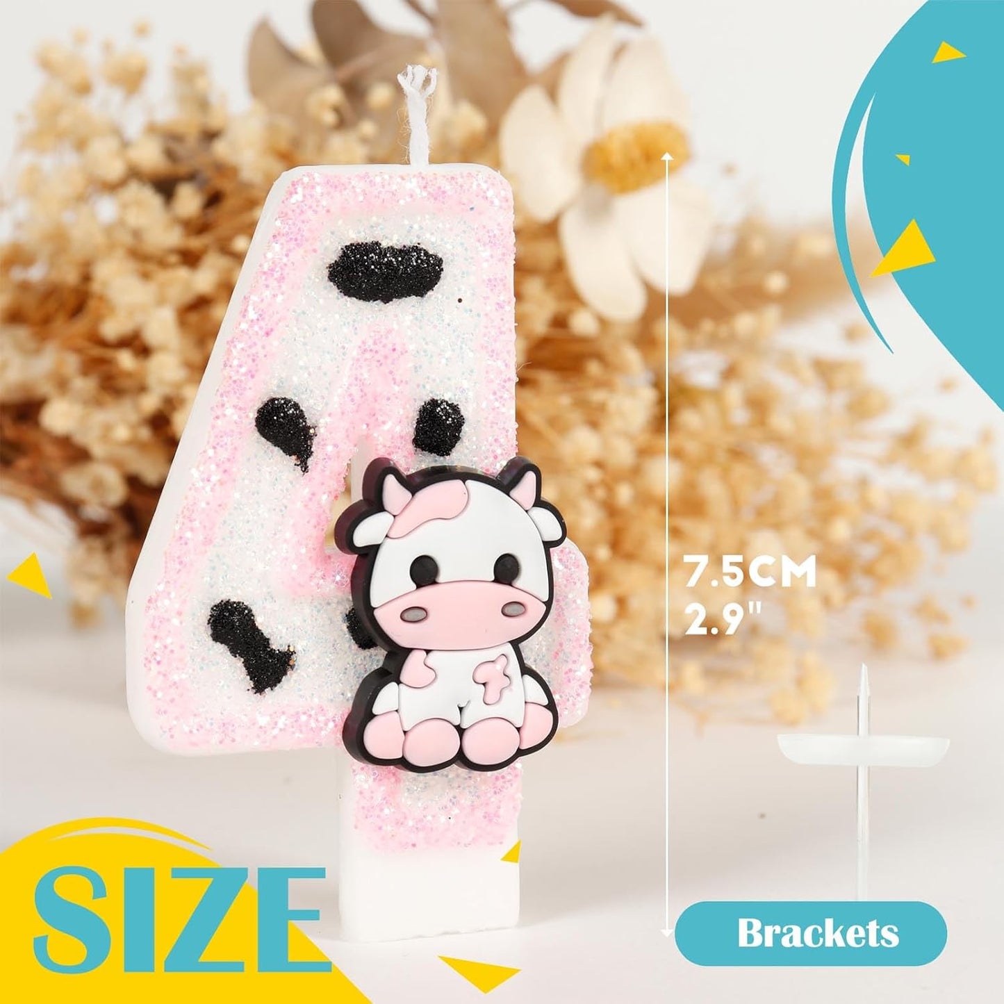 Pink Cow Glitter Birthday Candles Number 8 Birthday Decorations, 8 Year Old Birthday Decorations, Number 8 Candle for Cake, Cowgirl Theme Number Candle for Girls 8th Birthday Party Décor
