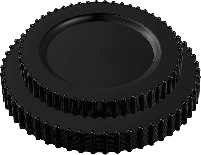 PLASTICPRO 32 Piece Combo Plastic Dinner Plates Disposable Plastic Fancy Heavy Duty Party Dishes 7 inch and 10 inch, Black Beaded