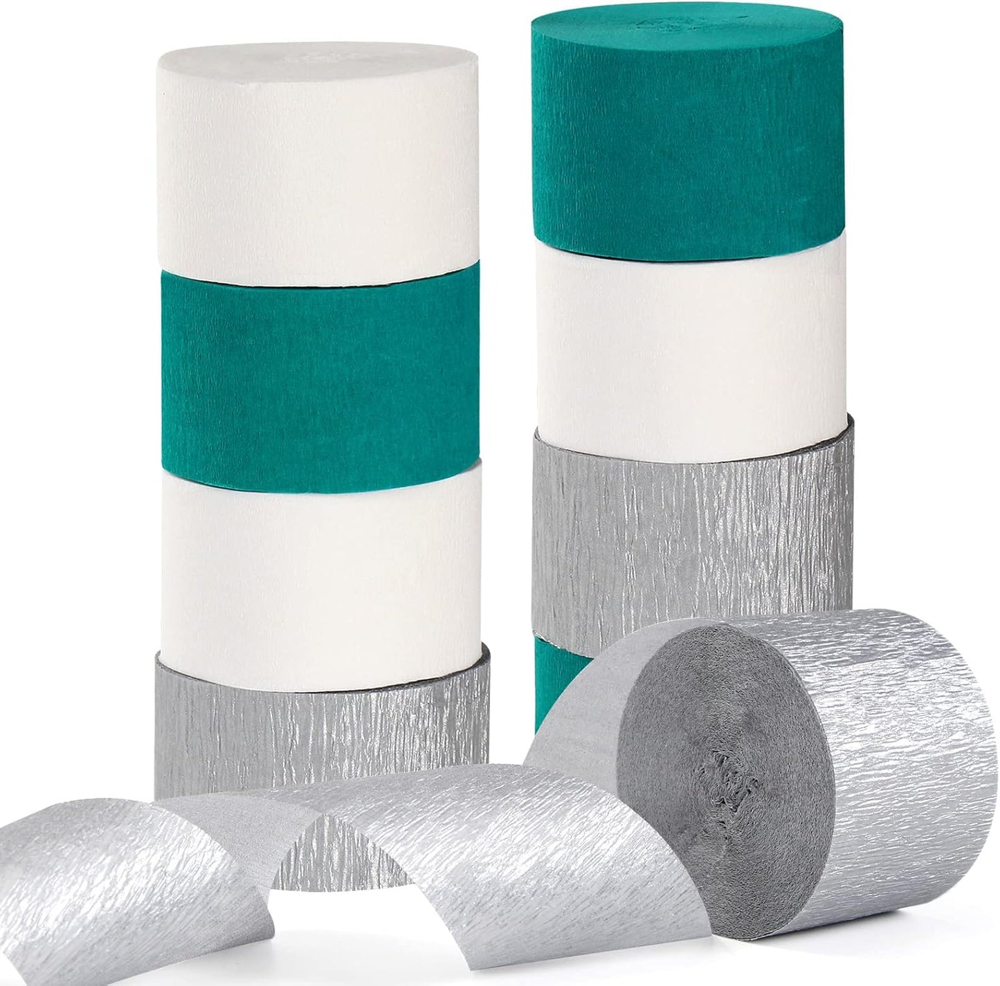 Teal-Turquoise White Silver Party-Decorations Streamers - 9 Rolls Woman Girl Birthday Crepe Tissue Paper Streamer Graduation Wedding Bachelorette Engagement Bridal Baby Shower Garland Decor Panduola