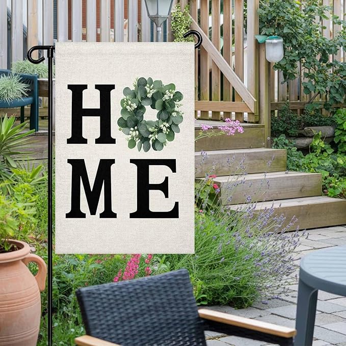 Home Green Eucalyptus Leaves Garland Garden Flags 28x40 Inch Double Sided Welcome Yard Flags for Outdoor Decor Retro Linen Yard Outside Seasonal Decoration