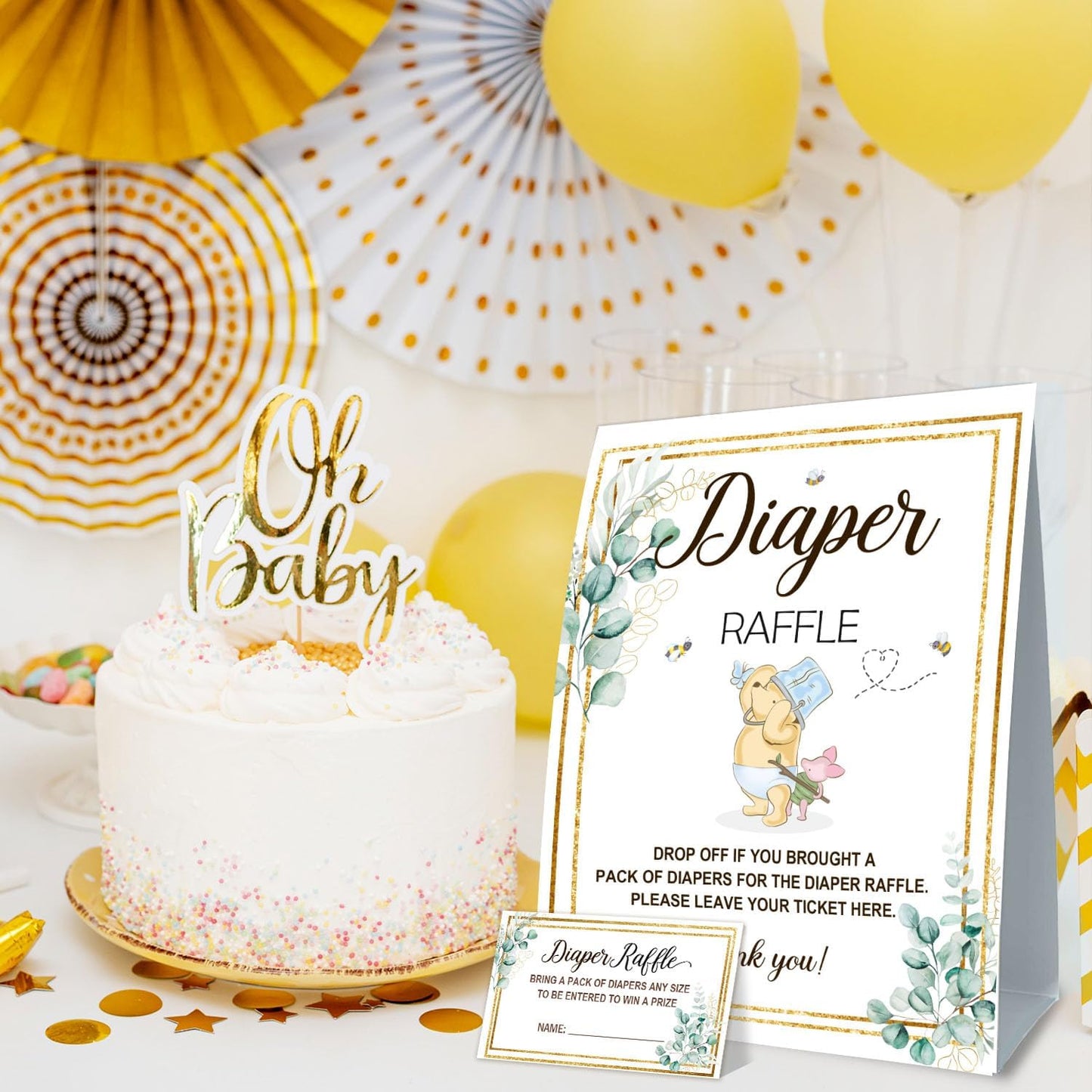 Winnie Baby Shower Decorations-Baby Shower Games-Baby Shwoer Party Decor-Diaper Raffle-Baby Shower Table Sign Centerpieces-Baby Shower Games Pooh Birthday Supplies Party Decorations