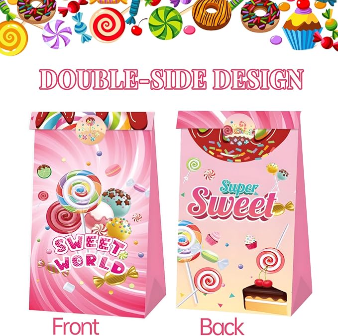 12Pcs Candy Sweet Land Goodie Bags with Stickers Lollipop Gift Bags Candyland Themed Party Favors Goody Treat Bag for Birthday,Baby Shower,Weddings,Guraduations Candy Shop Theme Party Supplies Decor