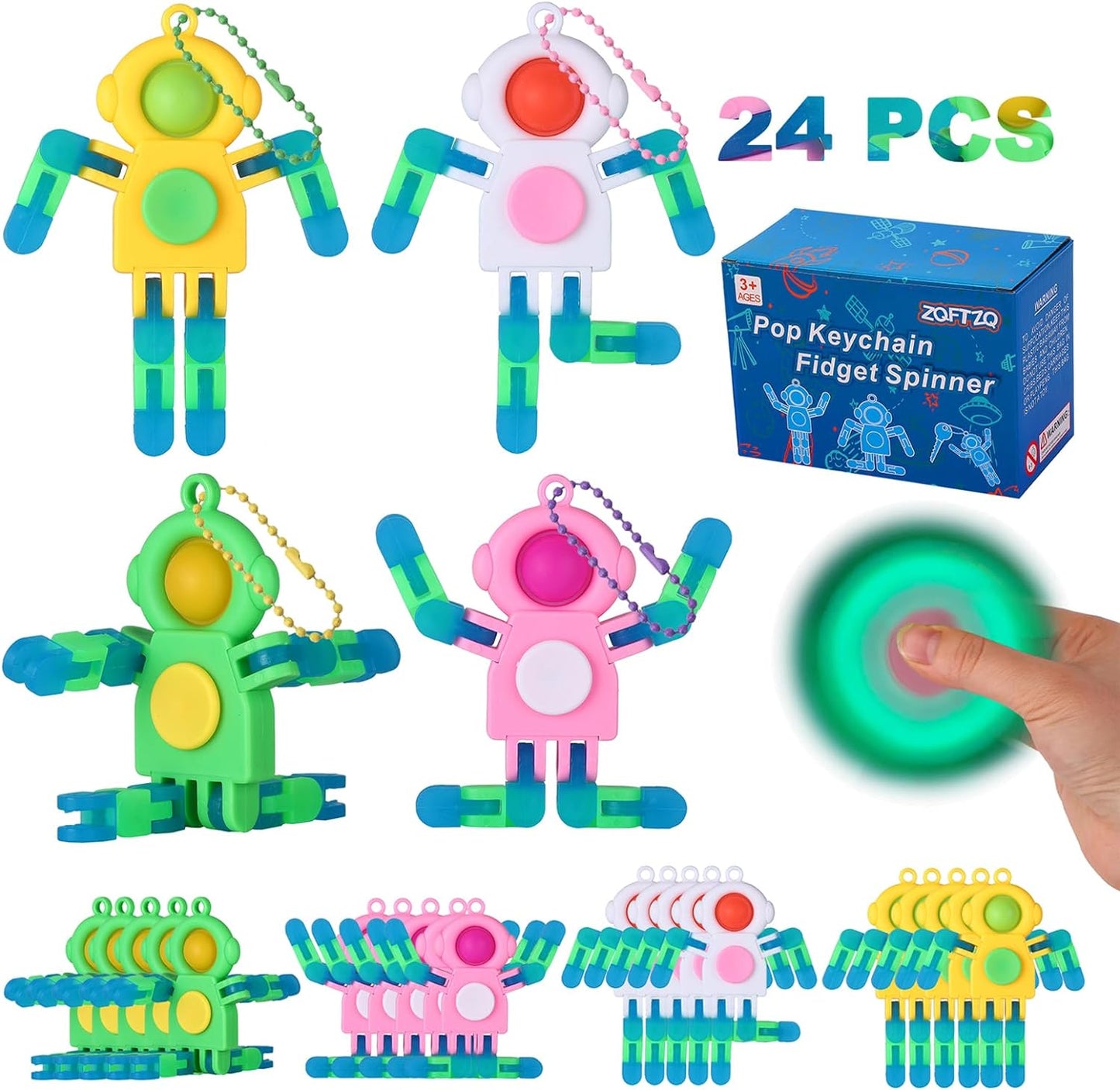 24Pcs Pop Fidget Spinners Bulk - Deformable Astronaut Fidget Spinner Keychain Robot Gyro Fidget Spinner for Kids Adults Glow in The Dark Sensory Toys Easter Party Favors Classroom Prizes