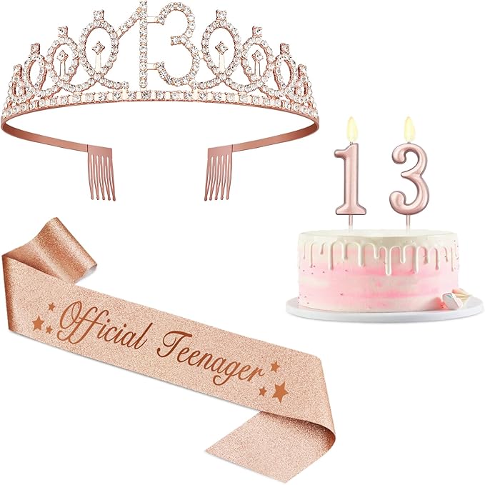 13th Birthday Decorations for Girls with Rose Gold Sash, Tiara,Numbers Candles, Sincere 13th Birthday Gifts for Girls