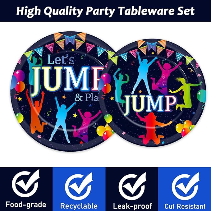 96Pcs Jump Party Supplies Lets Jump Paper Plates Napkins Trampoline Party Decorations Jumping Theme Birthday Dinnerware Party Favor Baby Shower Tableware Serves 24