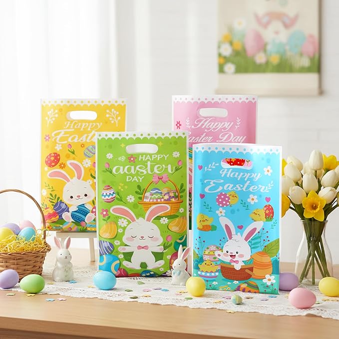 Easter Treat Bags, 100 PCS Easter Gift Bags with Handles, Plastic Happy Easter Day Cookie Goodie Candy Bag Easter Bunny Cute Spring Party Favor Bag for Easter Party Favors Supplies, 6.5x10 Inch
