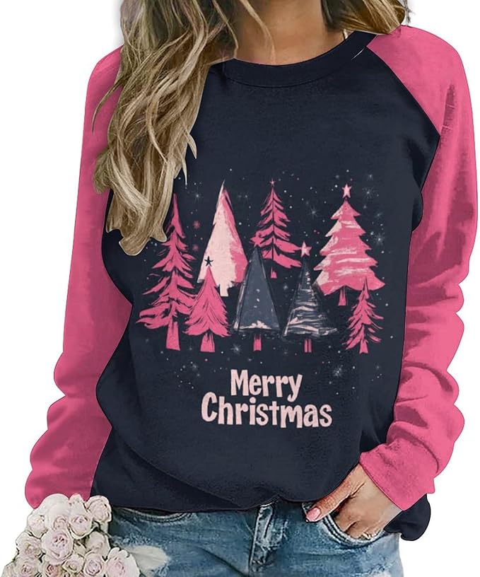 LOAIHA Christmas Sweatshirts for Women Christmas Tree Graphic Shirt Xmas Long Sleeve Merry Christmas Pullover Blouse