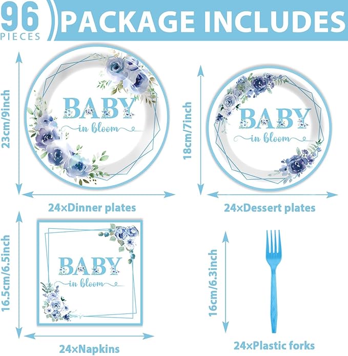 96Pcs Baby In Bloom Baby Shower Party Supplies Blue Flower Paper Plates Napkins Floral Shower Party Decorations Boy Girl Birthday Dinnerware Favor Tableware Serves 24