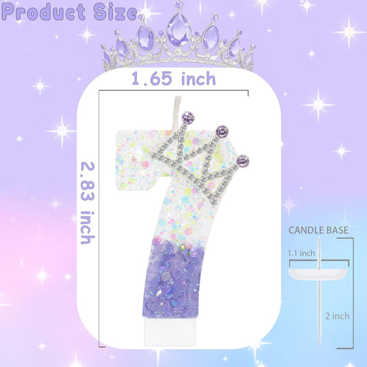 Purple White Number 7 Candle, Glitter Crown Cake Topper, Princess Birthday Party Decorations for Girls and Women Anniversary Celebrations Party Favors