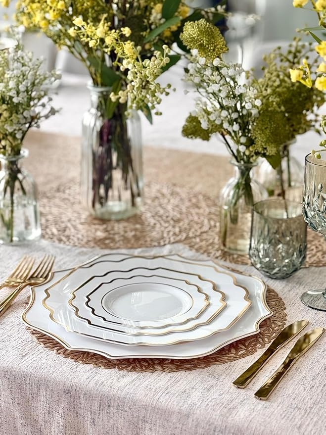 " OCCASIONS " 10 Pieces 13.25'' Scalloped Disposable/Reusable Plastic Charger Plates for Wedding, (Scalloped Imperial White & Gold)
