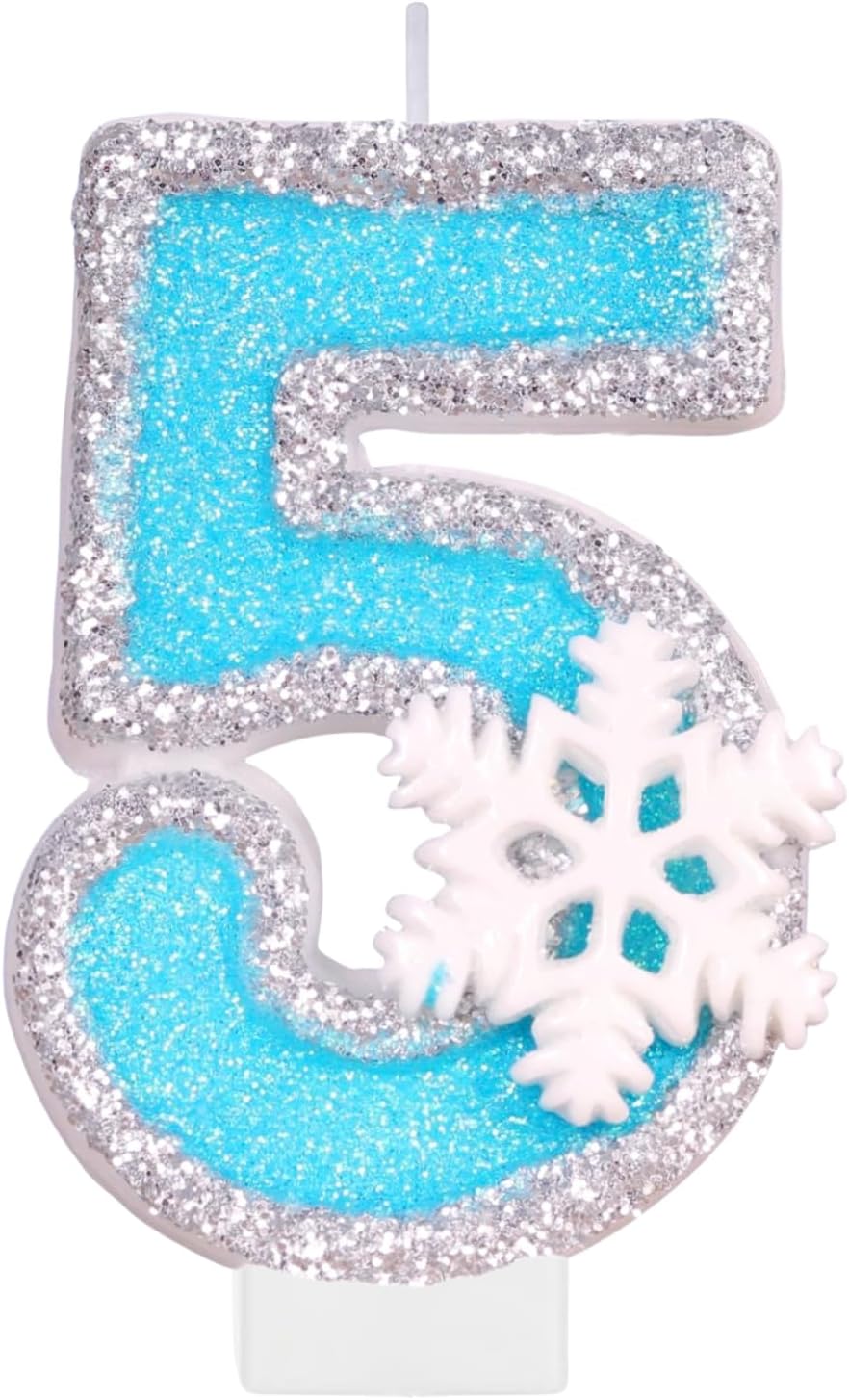 Birthday Number Candles for Cake, Blue Frozen Number 5 Candle, 5th Frozen Cake Topper, Fun Glitter Birthday Candles Cupcake Topper for Party Anniversary Decorations