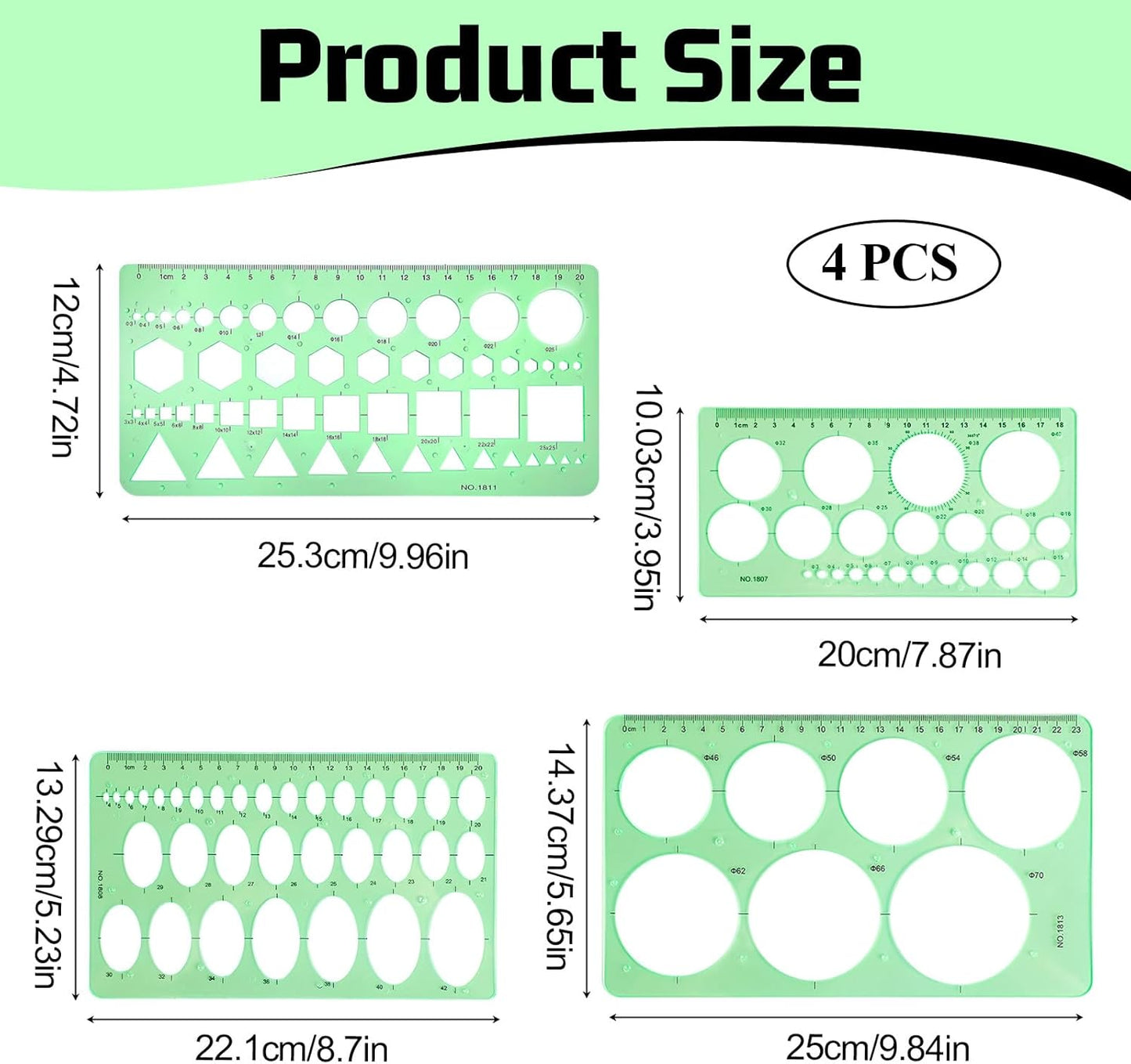 Circle Template for Drawing, 4 Pcs Plastic Circle and Oval Stencil Maker Geometric Drawing Stencils Digital Measuring Rulers for Home Office Building Formwork Drawings Templates (Clear Green)