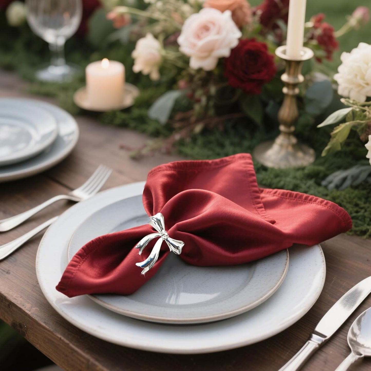 Silver Bow Napkin Rings Set of 6 Christmas Bow Tie Napkin Rings for Xmas Wedding New Year Banquet Decor,Shiny Metal Bowknot Napkin Ring Holders for Holiday Birthday Anniversary Family Dinner