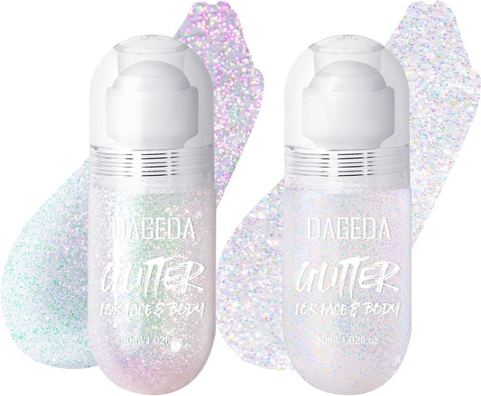 DAGEDA 2Colors Roll-on Body Glitter Gel for Body, Hair, Face, Holographic Glitter Makeup for Rave Accessories, Body Shimmer Hair Glitter Gel for Halloween Makeup(Dazzle + Sprakling Pink)