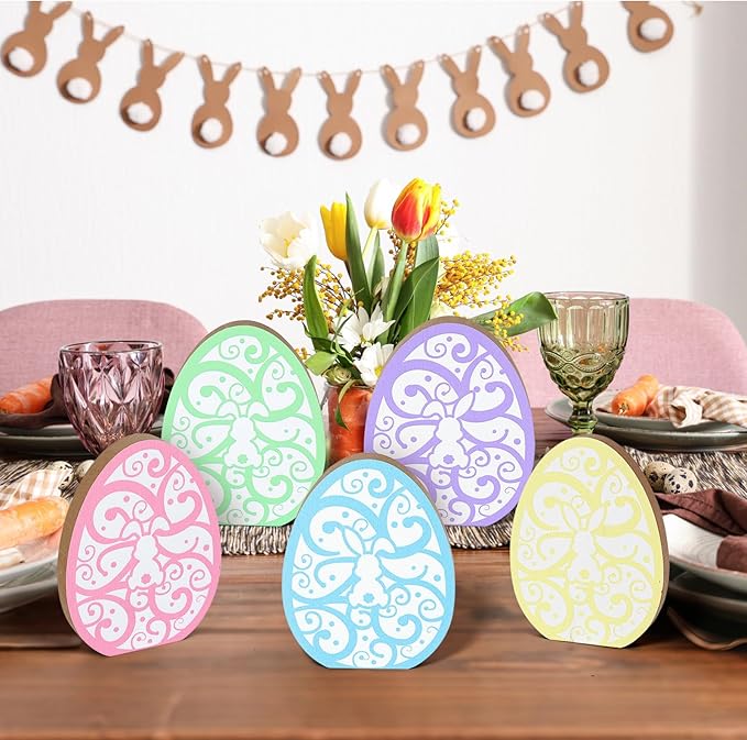 5 Pcs Wooden Hidden Bunny Easter Egg Tiered Tray Sign for Table Centerpieces Decoration Spring Cute Rabbit Mantal Ornament for Farmhouse Fireplace Easter Egg Hunts Basket Home Kitchen Party Supplies