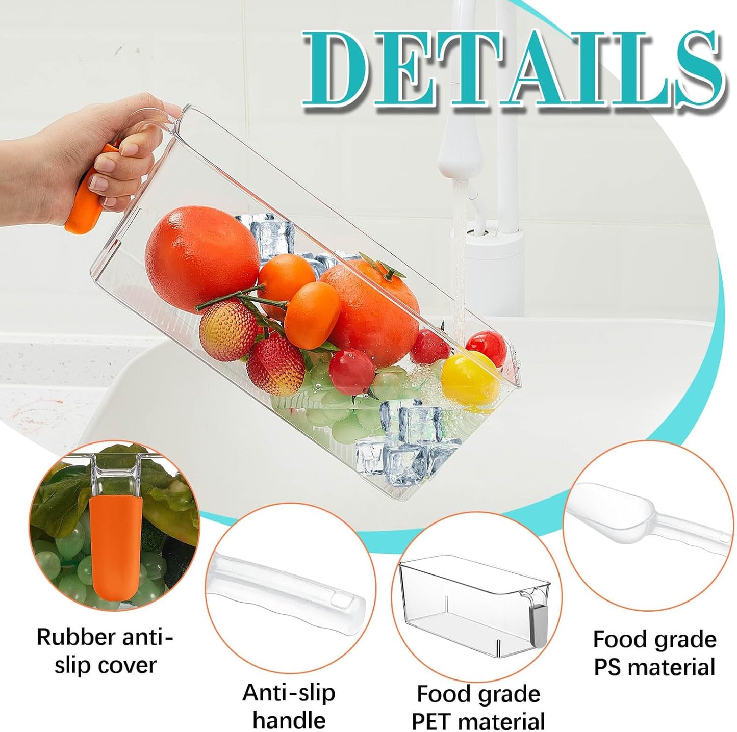 Havawish 2 Set Ice Bin and Flexible Scoop Set Plastic Freezer Ice Bin with Pull out Handle Clear Storage Bucket for Container with Bucket Scoop(Orange,10.83 x 4.92 x 4.33 in)