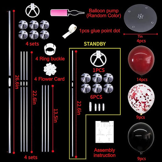 TONIFUL 4 Set Wine Red and Black Balloon Centerpieces for Table,Balloon Stand Kit for Black Red Party Decor 2026 Graduation,Wedding,Chinese New Year,Retirement,Halloween,Birthday Party Decorations