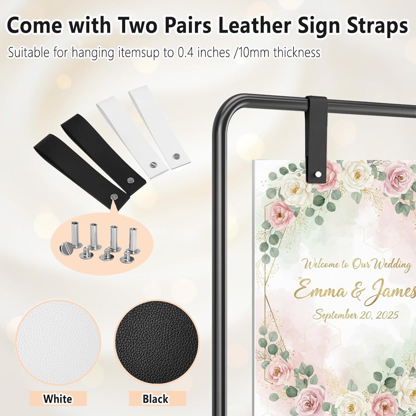 Wedding Sign Holder, Adjustable Welcome to Our Wedding Sign Stand with 4 Leather Sign Hanging Straps, Wedding Seating Chart Stand for Party, Baby Shower, Graduation Ceremony
