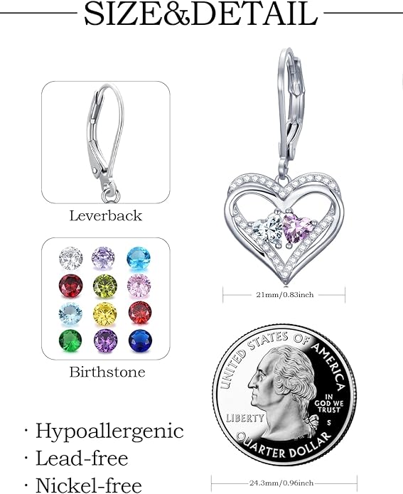 Valentines Day Gifts for Women, Heart Leverback Earrings Double Birthstone Dangle Earrings for Women, Love Jewelry for Her, Anniversary Birthday Gift for Mom Wife Girlfriend