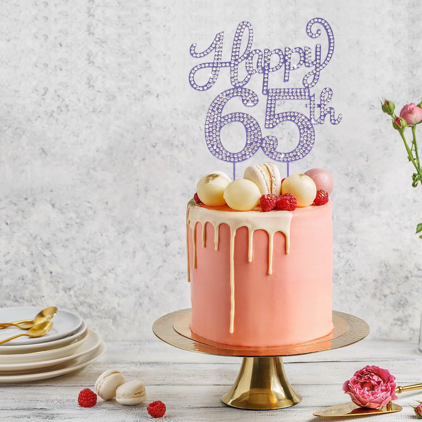 Happy 65th Birthday Purple Rhinestone Cake Topper - 65th Birthday/Anniversary,Cheers to 65 Years Old Bday Party Metal Sparkly Centerpieces Decorations.