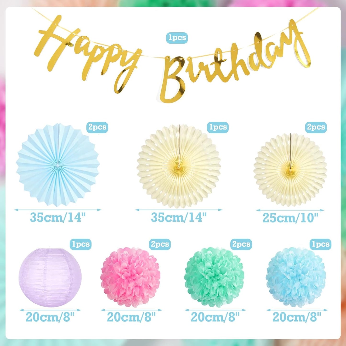 SUNBEAUTY Pastel Birthday Party Decorations for Girls Women with Happy Birthday Banner Pastel Paper Fans Tissue Pom Poms Lantern Decorations Birthday Decorations Kit
