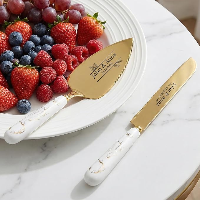 sinfinate Personalized Wedding Cake Knife and Server Set Gold - Custom Engraved Stainless Steel Cake Servers Cutting Set with Marble Pattern, Elegant Gift for Wedding Anniversary Birthday Christmas