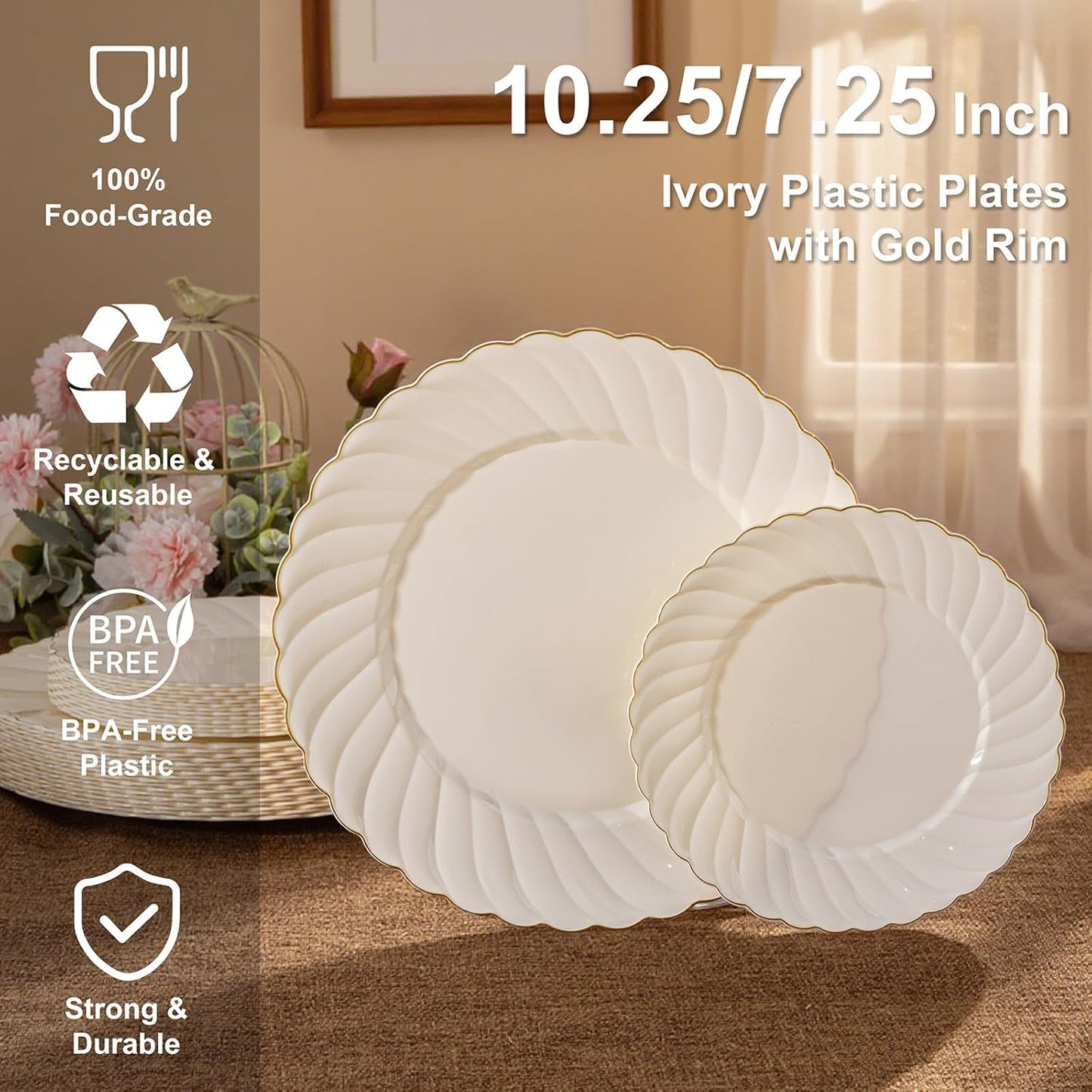 U-QE 60 Pcs Thanksgiving Plates Disposable – Ivory Scalloped Plastic Plates with Gold Trim – Elegant Plastic Plate Include 30 10.25" Dinner & 30 7.25" Dessert Plate for Party, Friendsgiving & Fall