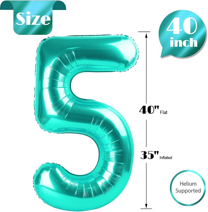 Teal 5 Balloon, Number Balloons 40 Inch, 5th Birthday Balloon Decorations, Teal Party Supplies, 5 Number Balloons, Number 5