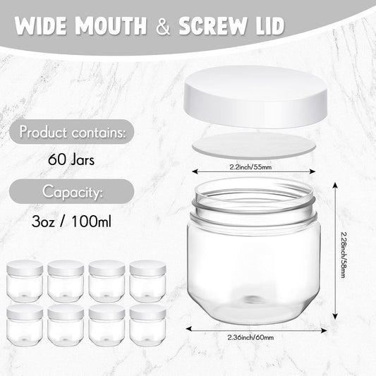 Tanlade 60 Pcs 3 oz Clear Plastic Jars with Lids Wide Mouth Mason Jars Mini Storage Containers Bulk for Herb Jelly Wedding Valentine Favors Shower Party Favors(White)