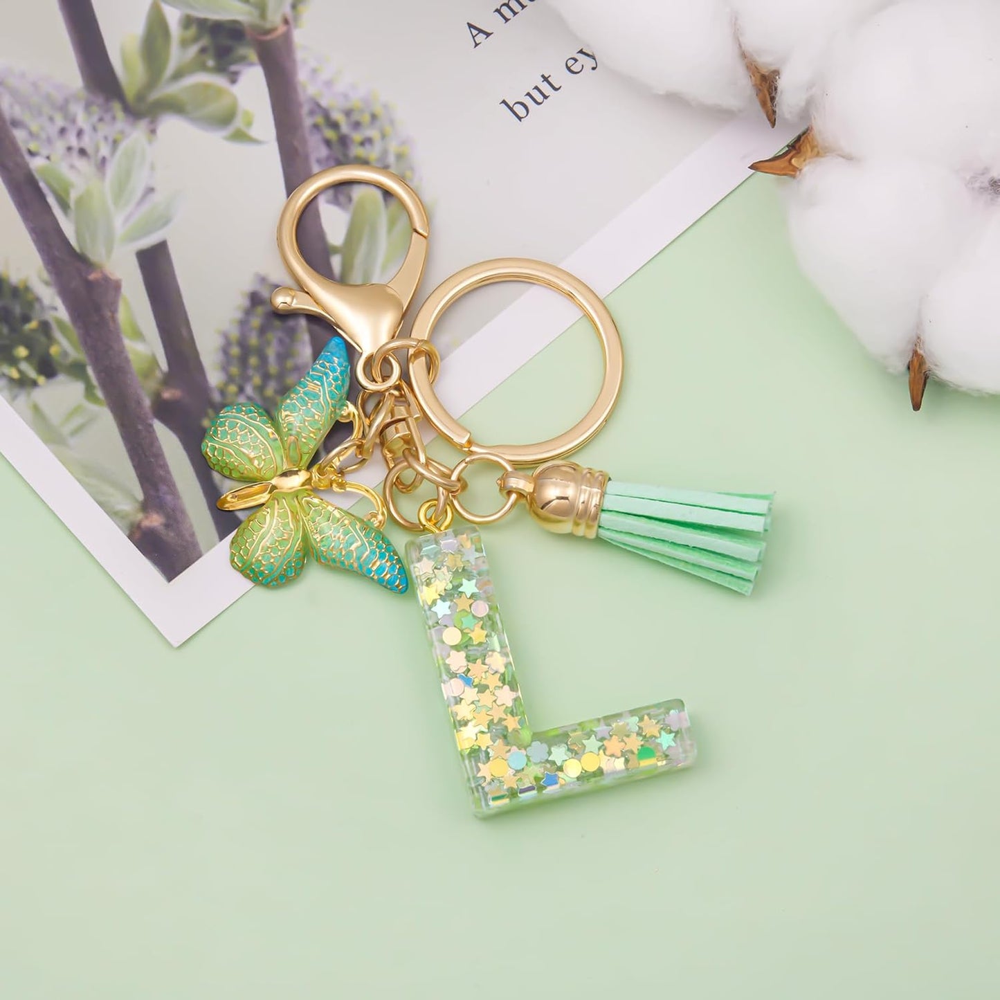 Fashion Alphabet Initial Letter Keychain Tassel Butterfly Pendant Key Ring for Purse Handbags Women Girl