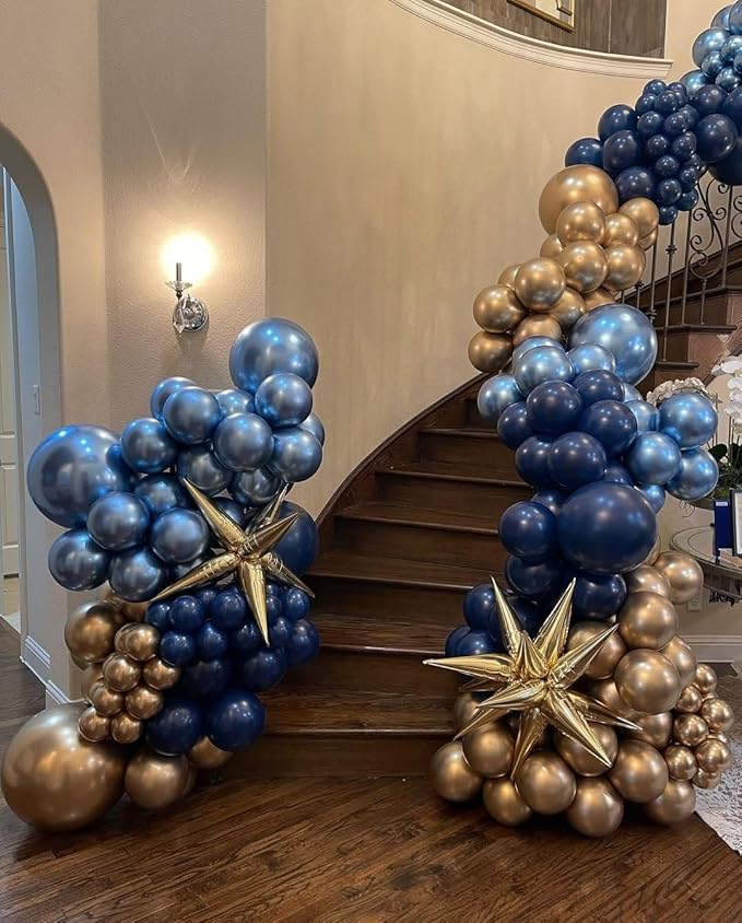 Navy Blue and Gold Balloons Arch Kit, 162pcs Different Sizes with Navy Pastel Blue Chrome Gold Confetti Balloons for 2025 Graduation Prom Anniversary Ocean Baby Shower Birthday Party Decorations