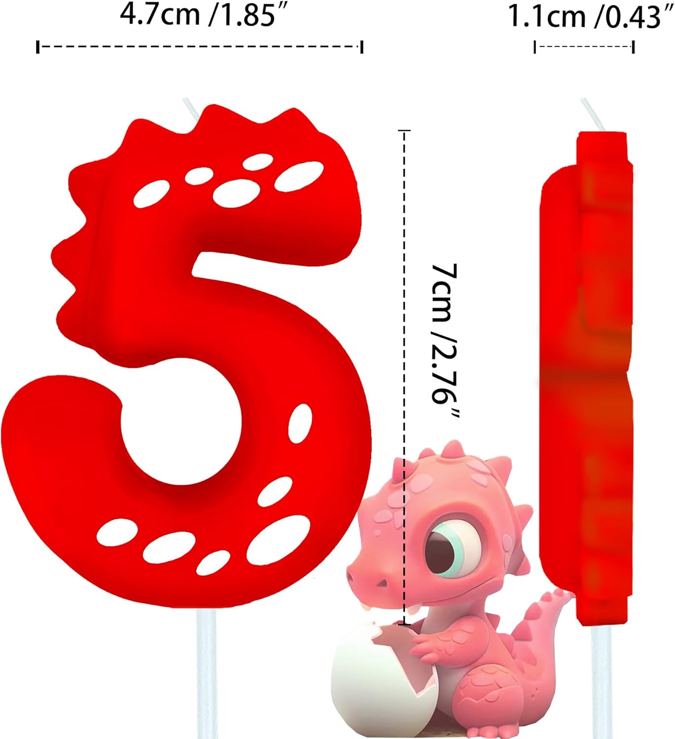 Number Birthday Candles(5 Candle Red) Dinosaur Shape Number Happy Birthday Cake Candles for Dinosaur Birthday Party Decoration Reunions Theme Party