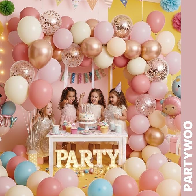 PartyWoo Dusty Pink Balloons 65pcs 12 Inch Blush Rose Pink Metallic Rose Gold Nude Boho White Sand Confetti Balloons for Baby Shower Birthday Gender Reveal Wedding Anniversary Party Decorations