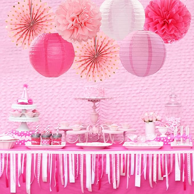 Rose Hot-Pink Valentines-Day Party-Decorations Streamers - 14pc Girl Birthday Baby Shower Paper Lanterns Fan,Tissue Pom Poms,Honeycomb Balls,Bachelorette Bridal Wedding Supplies Decor Lasting Surprise
