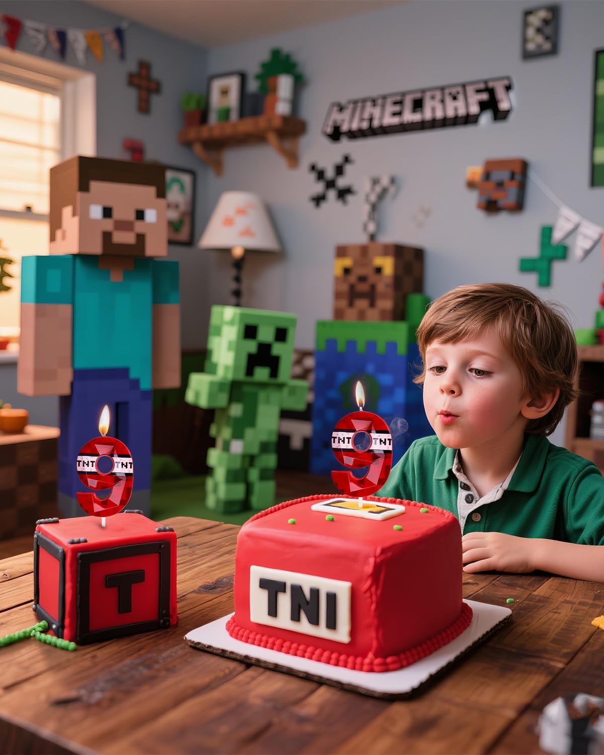 Pixel Birthday Candle, 2.68 Inch Miner Number Candles, Game Themed Candle Birthday Decoration for Pixel Theme Birthday Anniversary Dynamite Video Game Party (Red, 9)