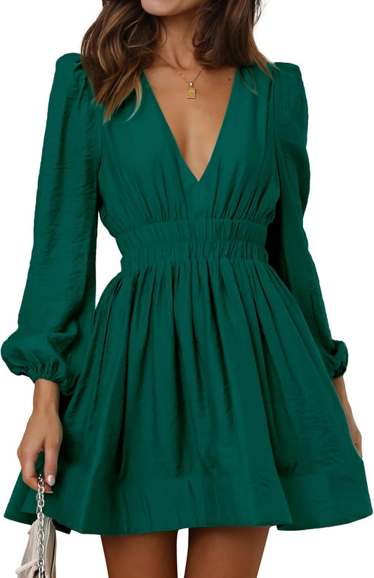 FAIABLE Mini Deep V Sexy Long Sleeve Dress for Women A-line High Waisted Casual Flowy Dress for Cocktail Wedding Guest