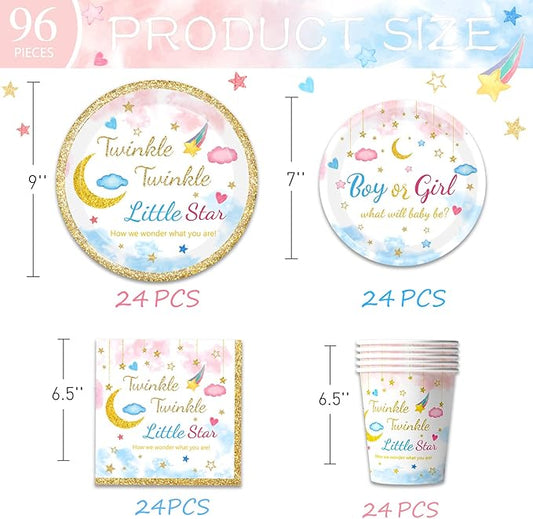 96Pcs Twinkle Twinkle Little Star Gender Reveal Party Supplies Tableware Set little Star Baby Shower Plates Napkins Forks Dinnerware for Baby Shower Decorations Girls or Boys Theme Party, 24 Guests