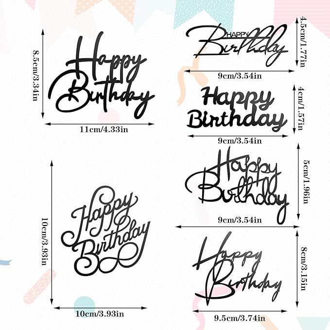 6 Pcs Happy Birthday Cake Topper Side Mirror Acrylic Sign Decorations Black Inserts Decor Supplies Cupcake Toppers for Party Dessert