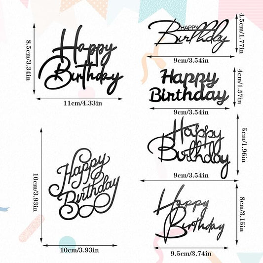 6 Pcs Happy Birthday Cake Topper Side Mirror Acrylic Sign Decorations Black Inserts Decor Supplies Cupcake Toppers for Party Dessert