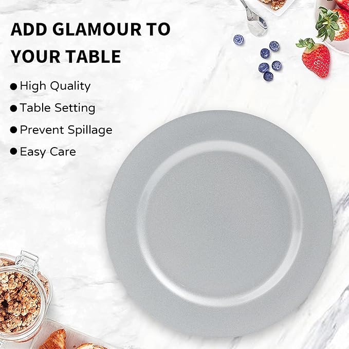 MAONAME Silver Charger Plates Set of 6, 13-Inch Round Plate Chargers for Dinner Plate, Plastic Table Chargers for Wedding Decor, Party