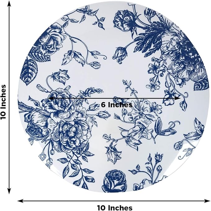 Efavormart 10-Pack French Toile Plastic Dinner Plates – Blue & White Floral, 10" Round Disposable Party Plates