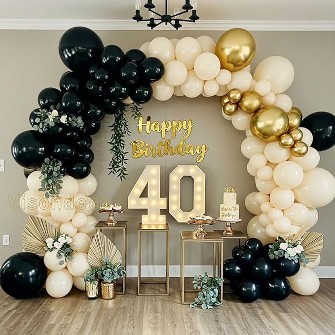 Black White and Gold Balloon Arch Kit – Double Stuffed Balloons in Black, Ivory with Metallic Gold – 5”/12”/18” Balloons for Graduation, Birthday, Retirement, New Year, Balloon Garland Decorations
