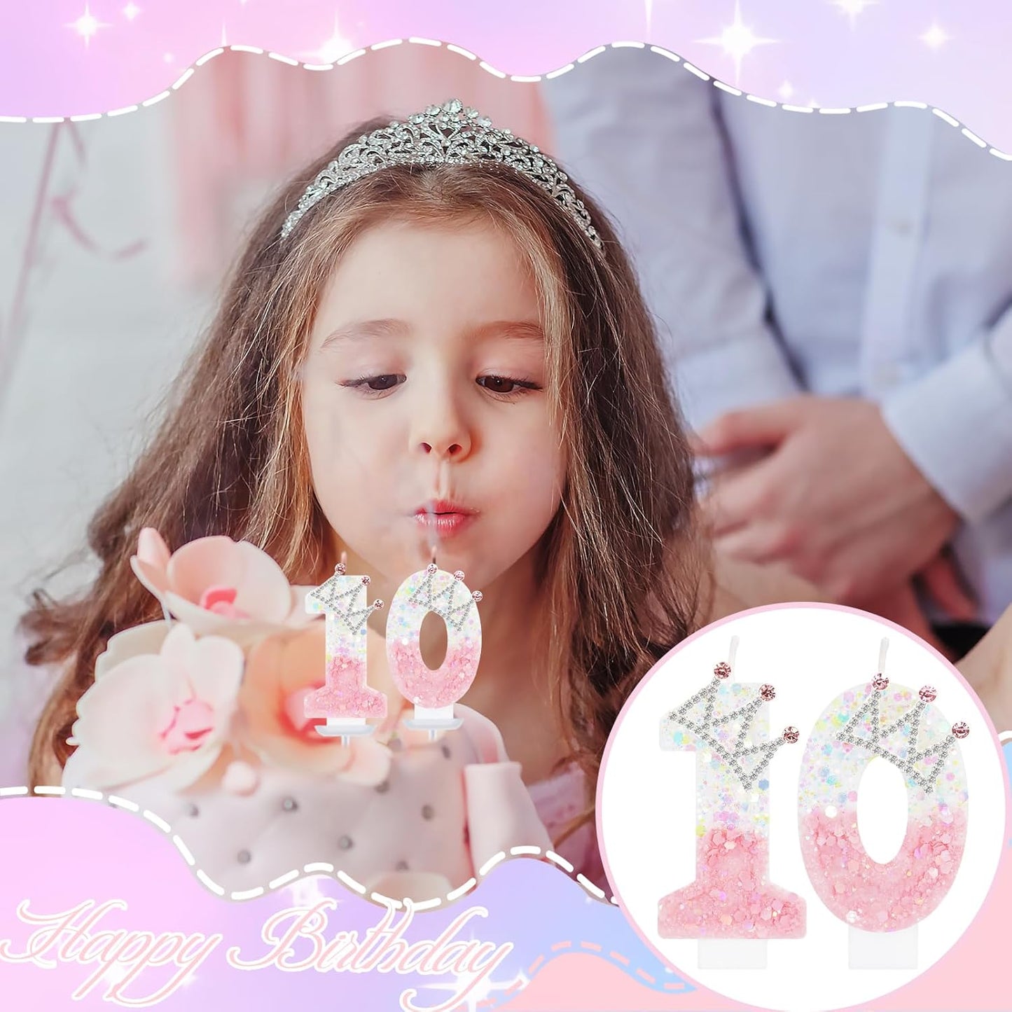 Pink White Number 10 Candle, Glitter Crown Cake Topper, Princess Birthday Party Decorations for Girls and Women Anniversary Celebrations Party Favors