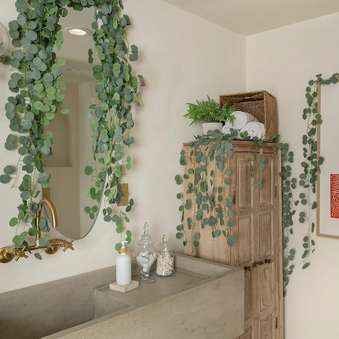 CQURE 24 Pack Eucalyptus Garland, Artificial Greenery Garland Faux Eucalyptus Leaves Table Vines for Wedding Backdrop Fireplace Arch Door Wall Room Decor（168FT）