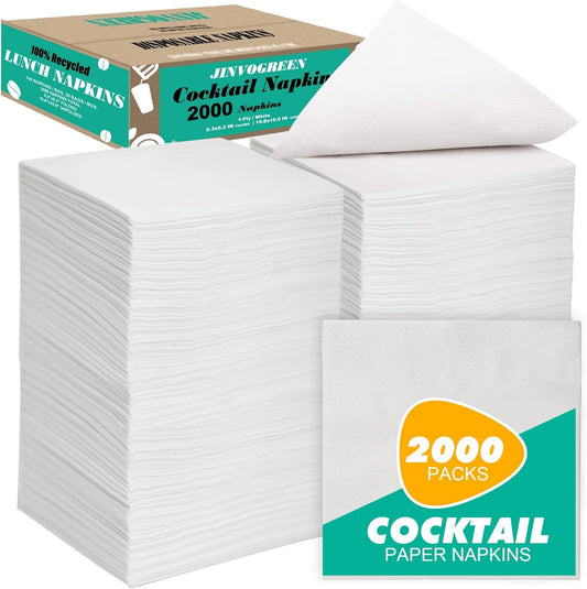 2000 Count Cocktail Napkins Bulk 1-Ply White Beverage Paper Napkins Disposable for Bars, Lunch, Parties, Restaurant and Everyday Use - 5.3 x 5.3 Inch Folded