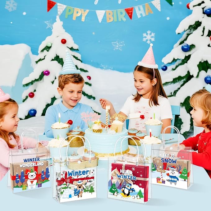 H1vojoxo Polar Animals Gift Bags - 24PCS Winter Polar Animals Clear PVC Gift Bags with Handle Let it Snow Reusable PVC Plastic Transparent Waterproof Tote Bag for Winter Birthday Party Supplies