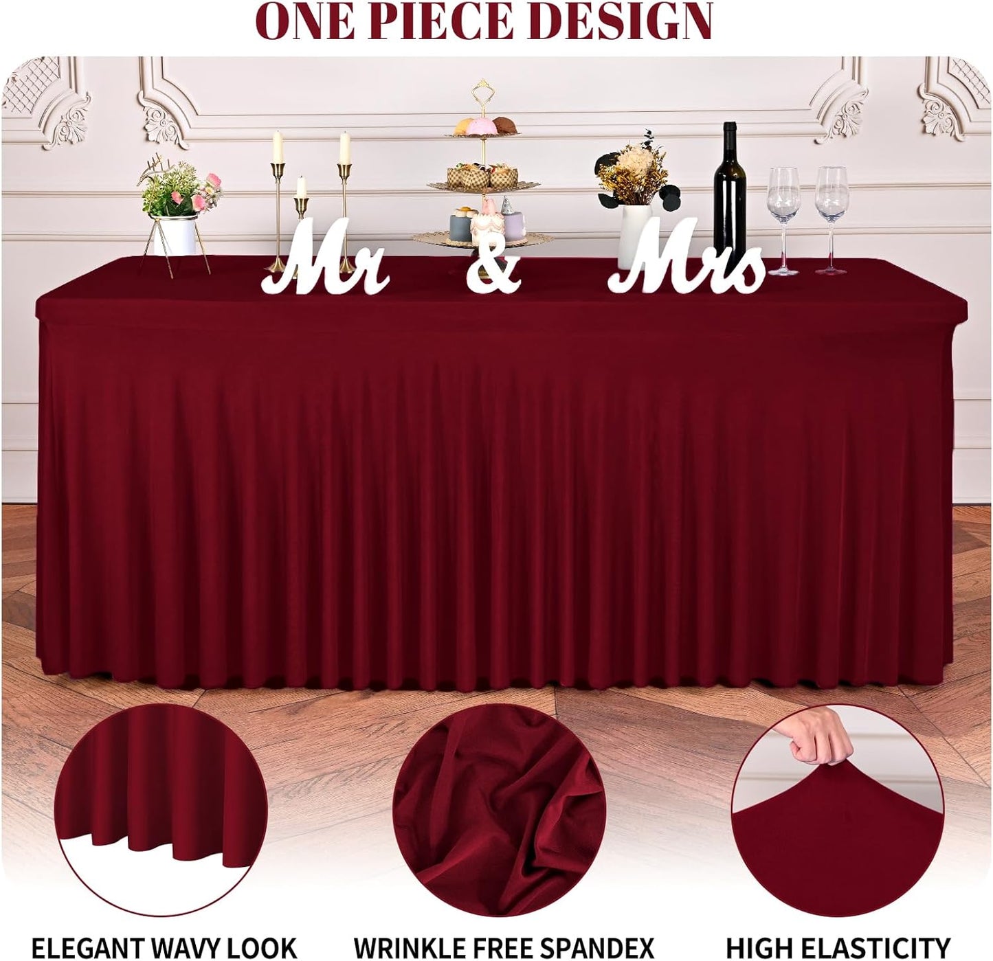 2 Packs Burgundy Stretch Table Skirts for 6 Foot Rectangle Table, Washable Spandex Stretch Tablecloths with Skirt, Wrinkle Resistant Fitted Tablecover for Wedding Party Banquet