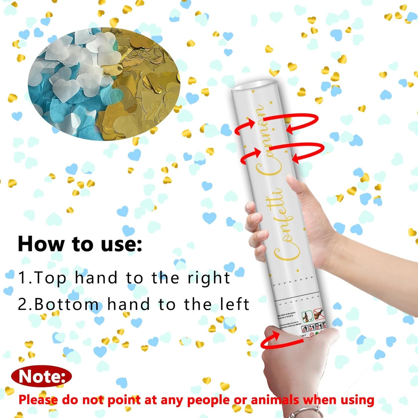 12" Confetti Cannons with Blue & Gold Heart Filling - Party Poppers for Gender Reveal Baby Shower Bridal Shower Valentine Wedding Anniversary - Easy to Use - Pack of 2